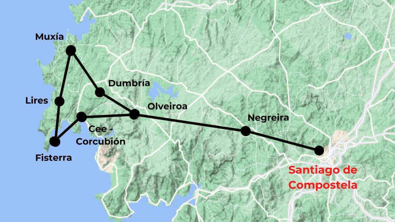 Mapa ruta Camino Santiago a Fisterra Muxía